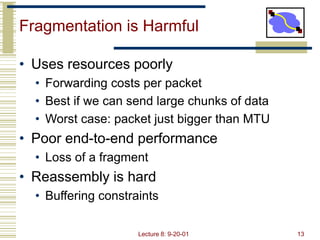 Lecture 8: 9-20-01 13
Fragmentation is Harmful
• Uses resources poorly
• Forwarding costs per packet
• Best if we can send...