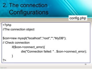 2. The connection
Configurations
11
<?php
//The connection object
$con=new mysqli("localhost","root","","MyDB");
// Check connection
if($con->connect_error){
die("Connection failed: " . $con->connect_error);
}
?>
config.php
 