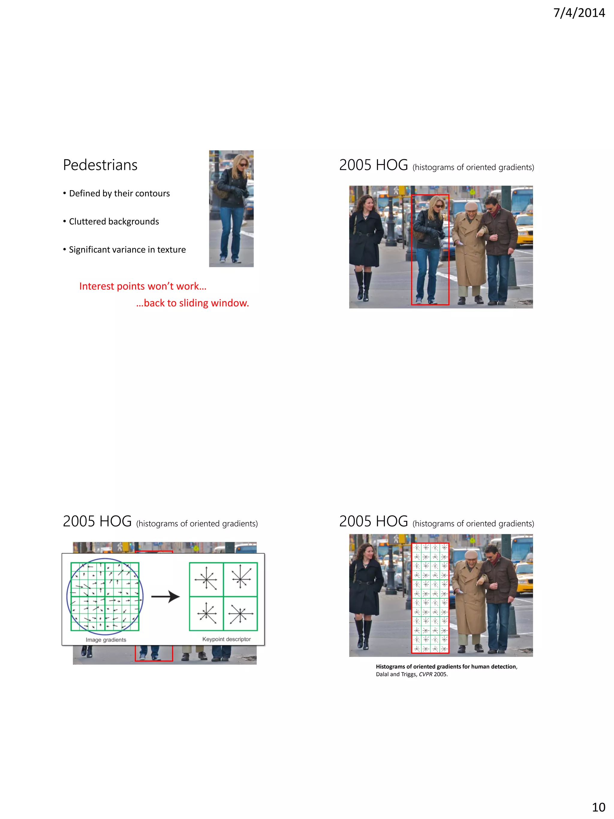 7/4/2014
10
Pedestrians
• Defined by their contours
• Cluttered backgrounds
• Significant variance in texture
Interest points won’t work…
…back to sliding window.
2005 HOG (histograms of oriented gradients)
2005 HOG (histograms of oriented gradients) 2005 HOG (histograms of oriented gradients)
Histograms of oriented gradients for human detection,
Dalal and Triggs, CVPR 2005.
 