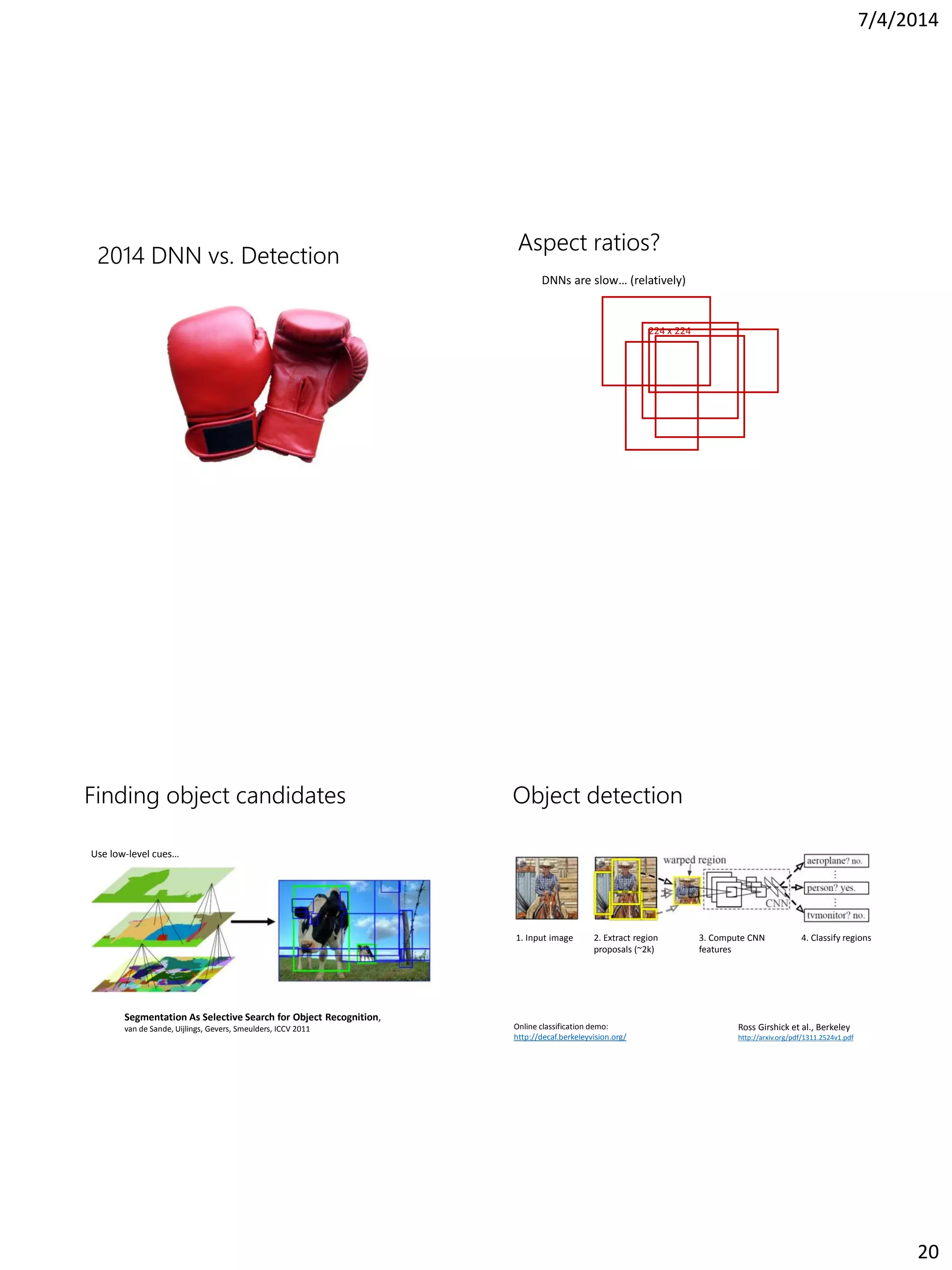 7/4/2014
20
2014 DNN vs. Detection
Aspect ratios?
DNNs are slow… (relatively)
224 x 224
Finding object candidates
Use low-level cues…
Segmentation As Selective Search for Object Recognition,
van de Sande, Uijlings, Gevers, Smeulders, ICCV 2011 Ross Girshick et al., Berkeley
http://arxiv.org/pdf/1311.2524v1.pdf
1. Input image 2. Extract region
proposals (~2k)
3. Compute CNN
features
4. Classify regions
Online classification demo:
http://decaf.berkeleyvision.org/
Object detection
 