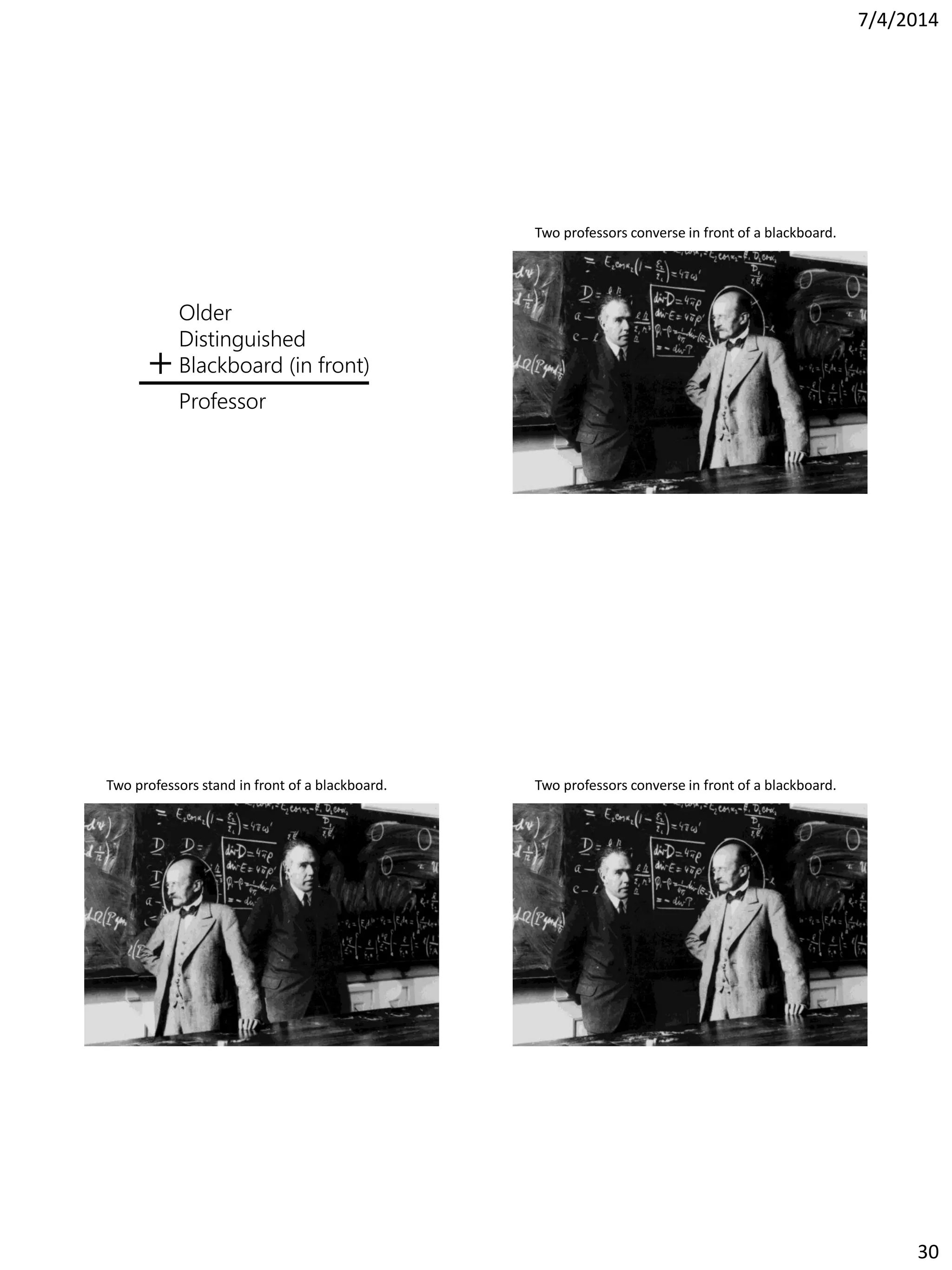 7/4/2014
30
Older
Distinguished
Blackboard (in front)
Professor
+
Two professors converse in front of a blackboard.
Two professors stand in front of a blackboard. Two professors converse in front of a blackboard.
 