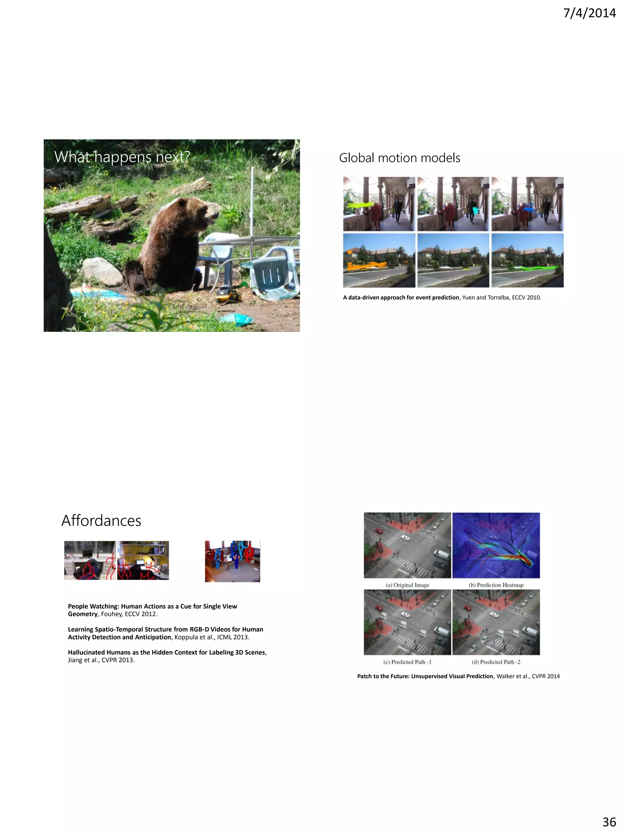7/4/2014
36
What happens next? Global motion models
A data-driven approach for event prediction, Yuen and Torralba, ECCV 2010.
Affordances
People Watching: Human Actions as a Cue for Single View
Geometry, Fouhey, ECCV 2012.
Learning Spatio-Temporal Structure from RGB-D Videos for Human
Activity Detection and Anticipation, Koppula et al., ICML 2013.
Hallucinated Humans as the Hidden Context for Labeling 3D Scenes,
Jiang et al., CVPR 2013.
Patch to the Future: Unsupervised Visual Prediction, Walker et al., CVPR 2014
 