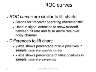 29	
 Lecture  8  ML  in  Practice  (1)	
ROC	
  curves	
  
l  ROC curves are similar to lift charts
♦  Stands for “receive...