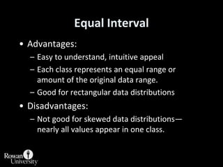 Advantages:<br />Easy to understand, intuitive appeal<br />Each class represents an equal range or amount of the original ...