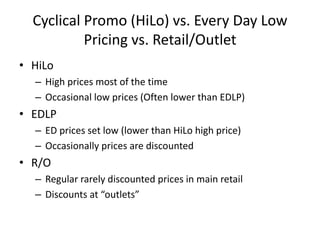 Cyclical Promo (HiLo) vs. Every Day Low
Pricing vs. Retail/Outlet
• HiLo
– High prices most of the time
– Occasional low prices (Often lower than EDLP)
• EDLP
– ED prices set low (lower than HiLo high price)
– Occasionally prices are discounted
• R/O
– Regular rarely discounted prices in main retail
– Discounts at “outlets”
 