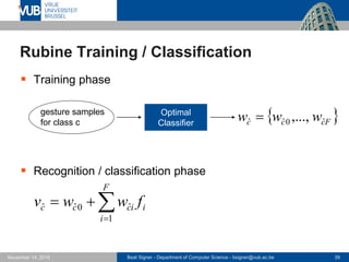 Beat Signer - Department of Computer Science - bsigner@vub.ac.be 39November 14, 2016
Rubine Training / Classification
 Training phase
 Recognition / classification phase
Optimal
Classifier
 Fccc www ˆ0ˆˆ ,...,gesture samples
for class c


F
i
iiccc fwwv
1
ˆ0ˆˆ
 