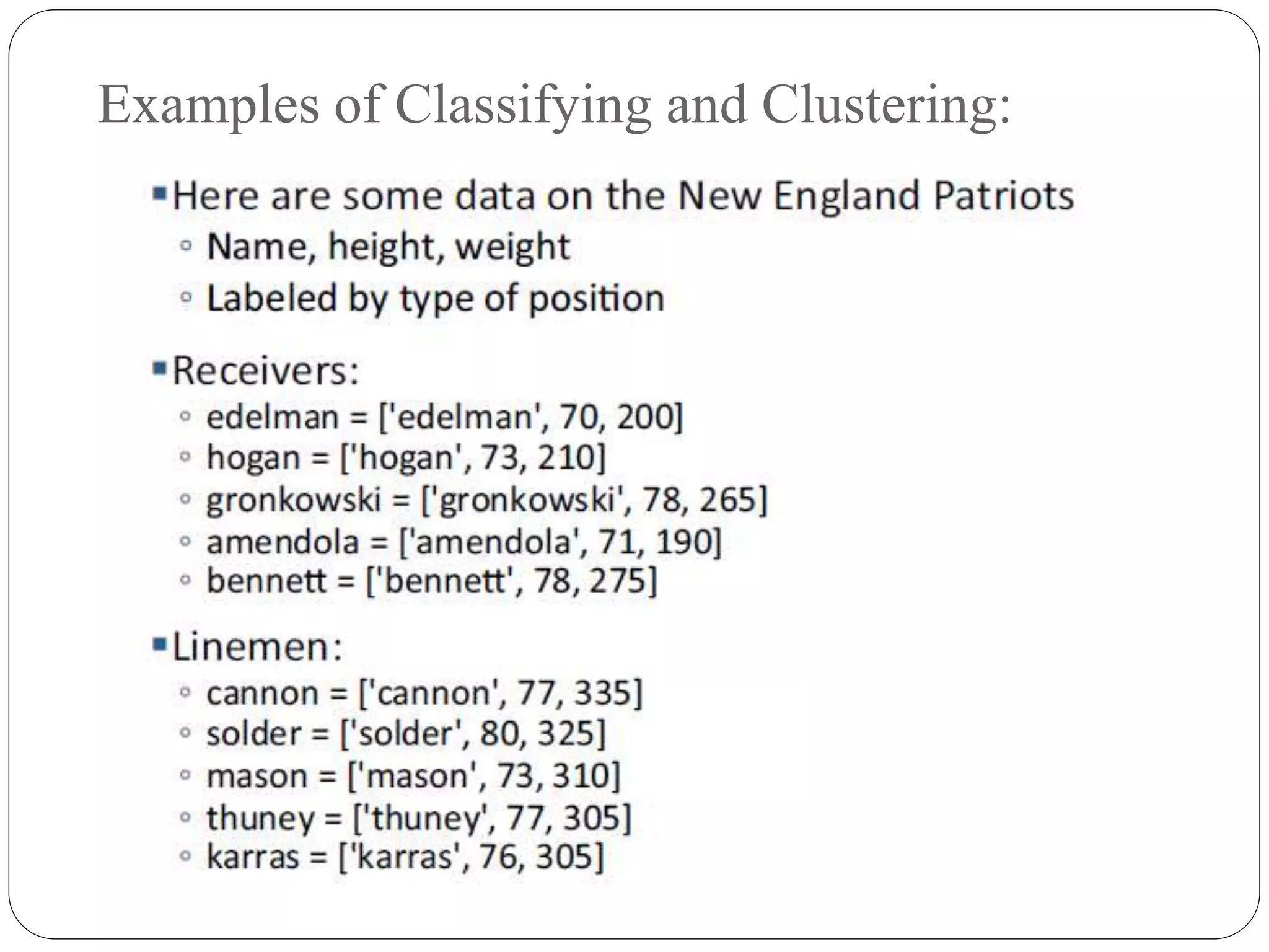 Examples of Classifying and Clustering:
 