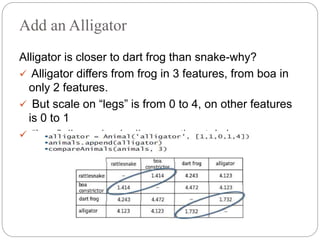 Add an Alligator
Alligator is closer to dart frog than snake-why?
 Alligator differs from frog in 3 features, from boa in
only 2 features.
 But scale on “legs” is from 0 to 4, on other features
is 0 to 1
 “legs” dimension is disproportionately large
 