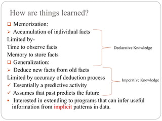 How are things learned?
 Memorization:
 Accumulation of individual facts
Limited by-
Time to observe facts
Memory to store facts
 Generalization:
 Deduce new facts from old facts
Limited by accuracy of deduction process
 Essentially a predictive activity
 Assumes that past predicts the future
 Interested in extending to programs that can infer useful
information from implicit patterns in data.
Declarative Knowledge
Imperative Knowledge
 