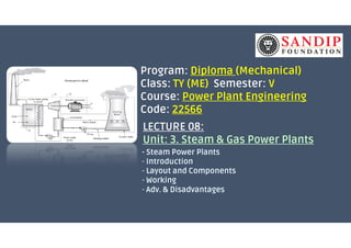 Program: Diploma (Mechanical)
Class: TY (ME) Semester: V
Course: Power Plant Engineering
Code: 22566
LECTURE 08:LECTURE 08:
Unit: 3. Steam & Gas Power Plants
 