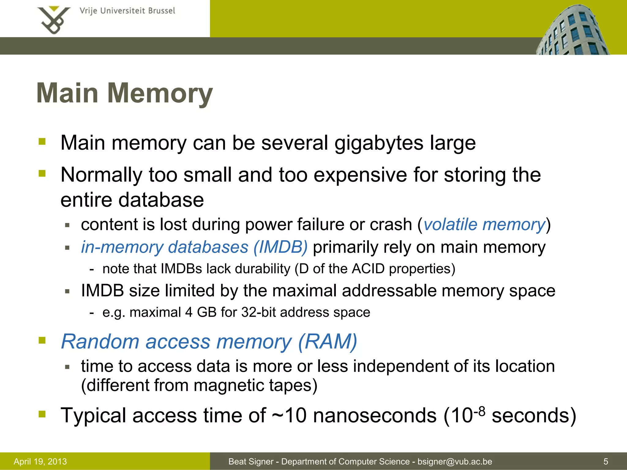 Ram Database Management Storage Management - Lecture 8 - Introduction to Databases (1007156ANR ...