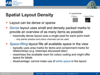 Beat Signer - Department of Computer Science - bsigner@vub.ac.be 34
April 1, 2021
Spatial Layout Density
▪ Layout can be dense or sparse
▪ Dense layout uses small and densely packed marks to
provide an overview of as many items as possible
▪ maximally dense layout uses a single pixel for each point mark
- only planar position and colour channels can be used
▪ Space-filling layout fills all available space in the view
▪ typically uses area marks for items and containment marks for
relationships (e.g. treemaps discussed later)
▪ maximises the available room for colour coding and might offer
space for labels
▪ disadvantage: cannot make use of white space in the layout
 