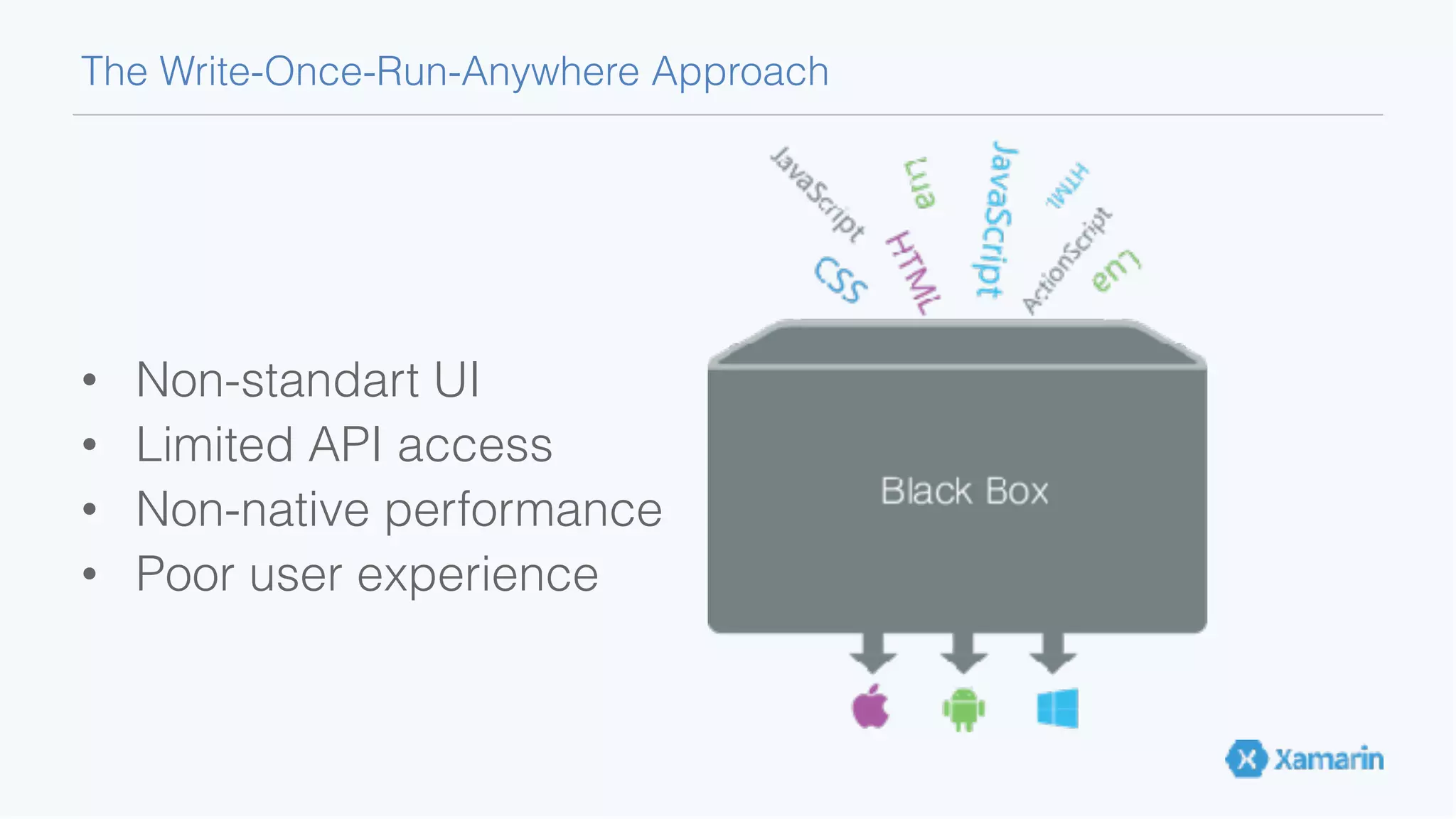 The Write-Once-Run-Anywhere Approach • Non-standart UI • Limited API access • Non-native performance • Poor user experience 