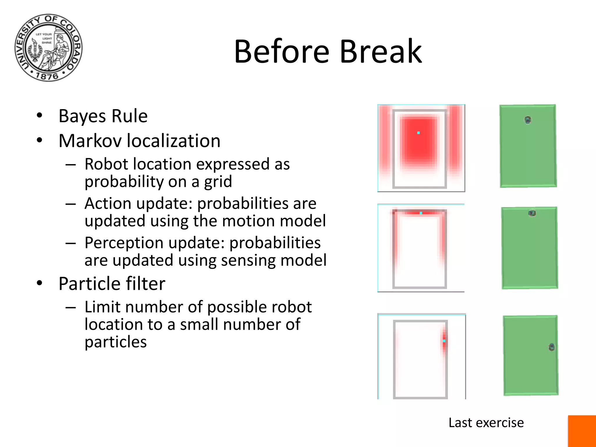 Before BreakBayes RuleMarkov localizationRobot location expressed as probability on a gridAction update: probabilities are updated using the motion modelPerception update: probabilities are updated using sensing modelParticle filterLimit number of possible robot location to a small number of particlesLast exercise