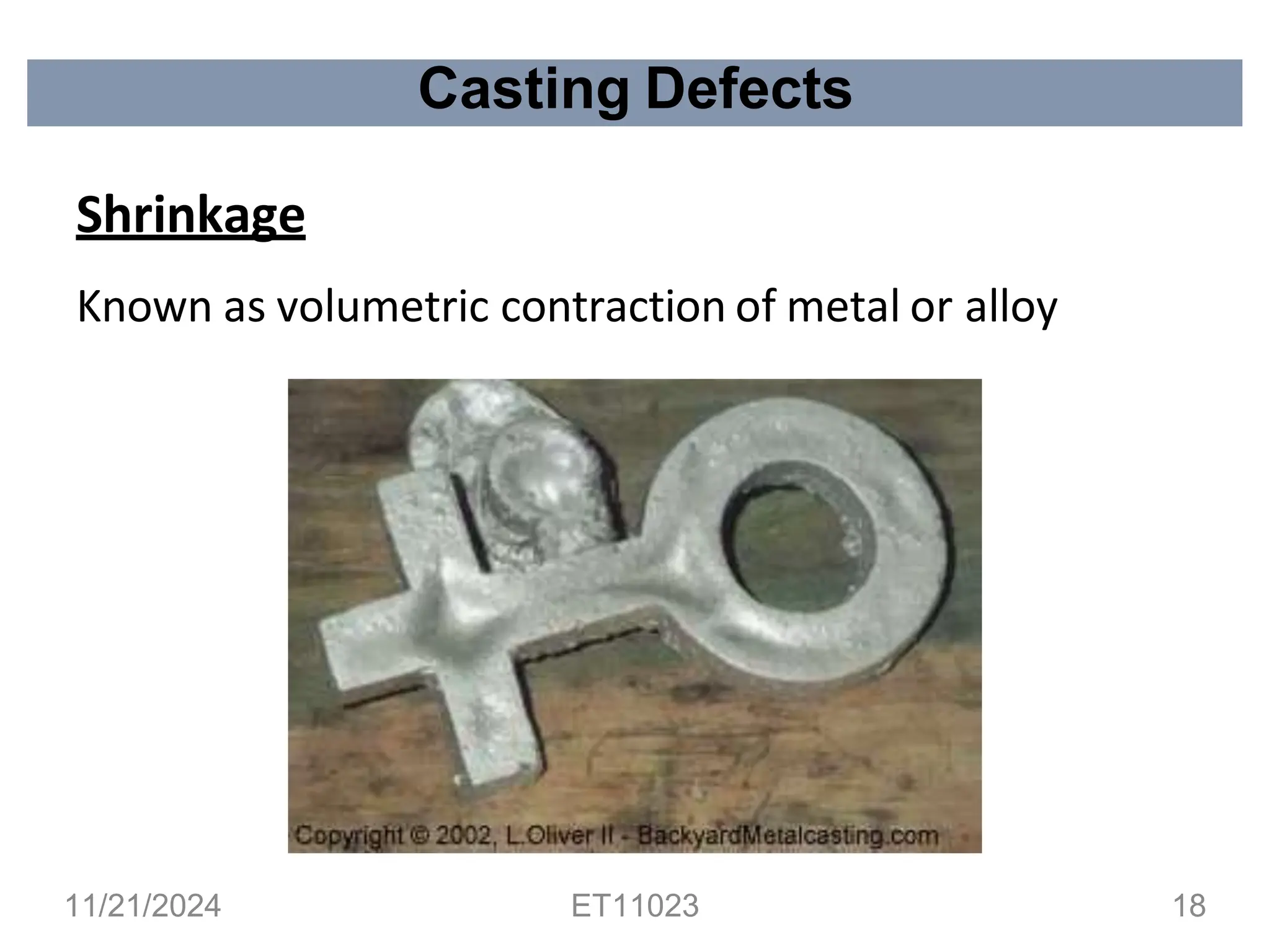 Casting Defects
Shrinkage
Known as volumetric contraction of metal or alloy
11/21/2024 ET11023 18
 