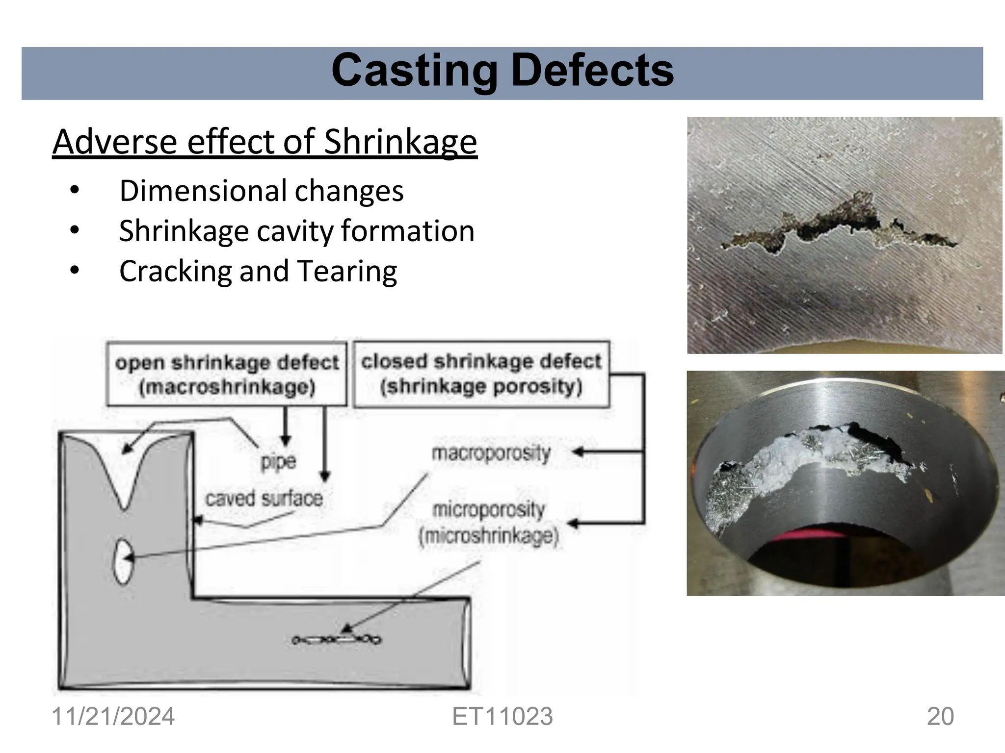 Casting Defects
Adverse effect of Shrinkage
• Dimensional changes
• Shrinkage cavity formation
• Cracking and Tearing
11/21/2024 ET11023 20
 