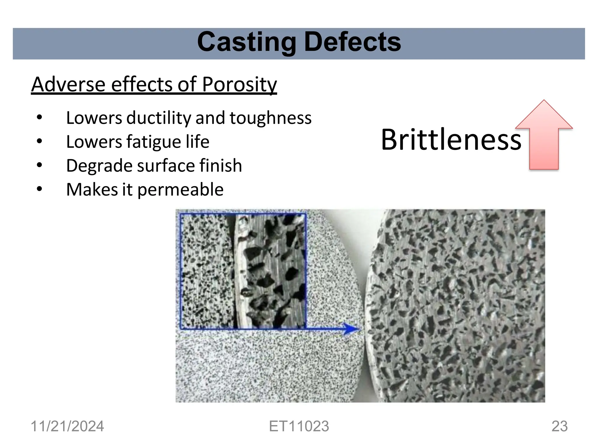 Casting Defects
Adverse effects of Porosity
• Lowers ductility and toughness
• Lowers fatigue life
• Degrade surface finish
• Makes it permeable
Brittleness
11/21/2024 ET11023 23
 