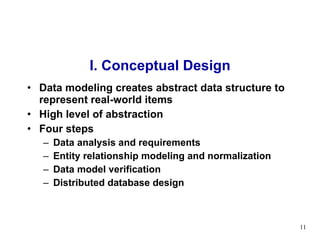 I. Conceptual Design Data modeling creates abstract data structure to represent real-world items High level of abstraction Four steps Data analysis and requirements Entity relationship modeling and normalization Data model verification Distributed database design 