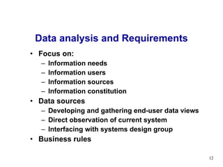 Data analysis and Requirements Focus on: Information needs Information users Information sources Information constitution Data sources Developing and gathering end-user data views Direct observation of current system Interfacing with systems design group Business rules 