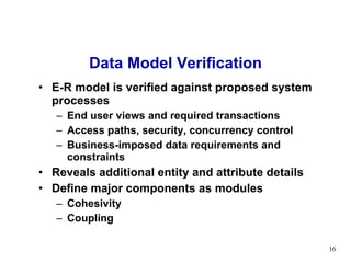 Data Model Verification E-R model is verified against proposed system processes End user views and required transactions Access paths, security, concurrency control Business-imposed data requirements and constraints Reveals additional entity and attribute details Define major components as modules Cohesivity Coupling  
