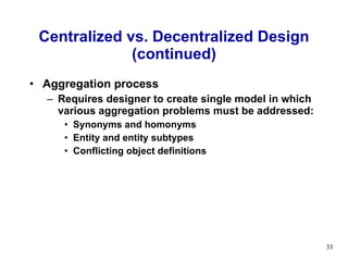 Centralized vs. Decentralized Design (continued) Aggregation process  Requires designer to create single model in which various aggregation problems must be addressed: Synonyms and homonyms Entity and entity subtypes Conflicting object definitions 