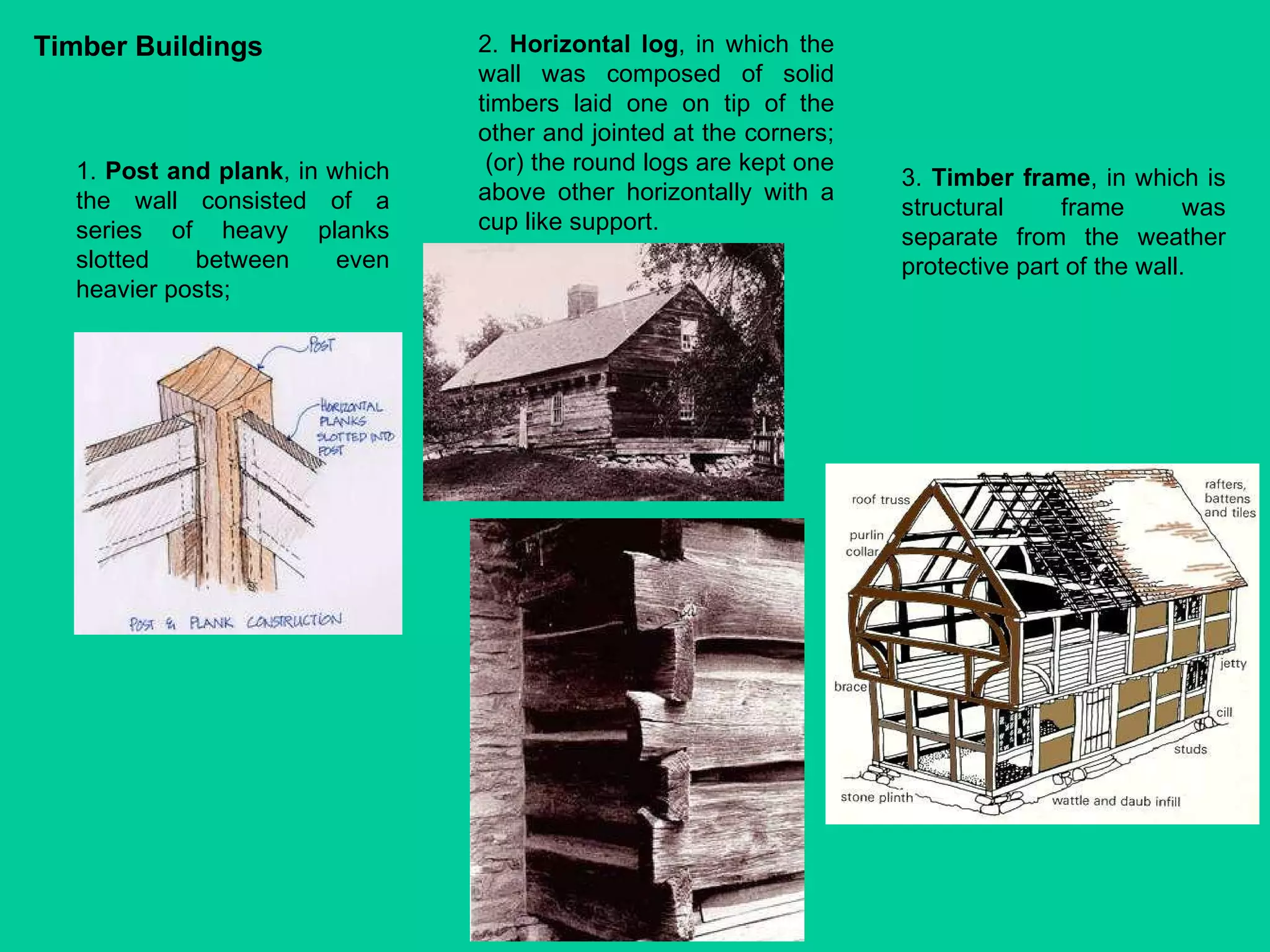 Timber Buildings 2.  Horizontal log , in which the wall was composed of solid timbers laid one on tip of the other and jointed at the corners;  (or) the round logs are kept one above other horizontally with a cup like support. 3.  Timber frame , in which is structural frame was separate from the weather protective part of the wall. 1.  Post and plank , in which the wall consisted of a series of heavy planks slotted between even heavier posts;  