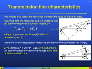 41


       Transmission line characteristics
The voltage drop across the reactance increases but stays at the same angle.
Assuming zero line resistance and remembering that
the source voltage has a constant magnitude:

                 VS = VR + jX L I                           (9.41.1)

voltage drop across reactance jXLI will stretch
between VR and VS.

Therefore, when a lagging load increases, the received voltage decreases sharply.

2) An increase in a unity PF load, on the other hand,
will slightly decrease the received voltage at the end
of the transmission line.




ELEN 3441 Fundamentals of Power Engineering   Spring 2008
 