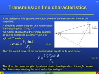 45


        Transmission line characteristics

If the resistance R is ignored, the output power of the transmission line can be
simplified…
A simplified phasor diagram of a transmission
line indicating that IS = IR = I.
We further observe that the vertical segment
bc can be expressed as either VS sinδ or
XLIcosθ. Therefore:
                     VS sin δ
           I cos θ =                                 (9.45.1)
                        XL
Then the output power of the transmission line equals to its input power:
                                                  3VSVR sin δ
                                               P=                                  (9.45.2)
                                                      XL
Therefore, the power supplied by a transmission line depends on the angle between
the phasors representing the input and output voltages.
 ELEN 3441 Fundamentals of Power Engineering        Spring 2008
 