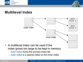 Beat Signer - Department of Computer Science - bsigner@vub.ac.be 13April 28, 2017
Multilevel Index
 A multilevel index can be used if the
index grows too large to be kept in memory
 inner index froms the primary index file
 outer index is a sparse index on the inner index
...
inner index
...
data
block 1
data
block 2
...
...
outer index
 