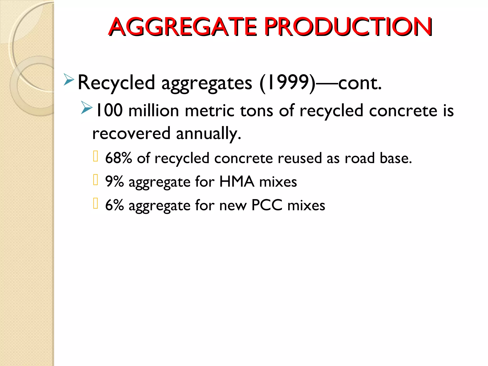Recycled aggregates (1999)—cont.
100 million metric tons of recycled concrete is
recovered annually.
 68% of recycled concrete reused as road base.
 9% aggregate for HMA mixes
 6% aggregate for new PCC mixes
AGGREGATE PRODUCTIONAGGREGATE PRODUCTION
 