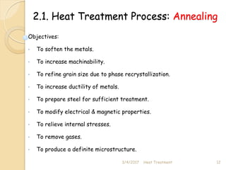 2.1. Heat Treatment Process: Annealing
Objectives:
• To soften the metals.
• To increase machinability.
• To refine grain size due to phase recrystallization.
• To increase ductility of metals.
• To prepare steel for sufficient treatment.
• To modify electrical & magnetic properties.
• To relieve internal stresses.
• To remove gases.
• To produce a definite microstructure.
3/4/2017 12
Heat Treatment
 