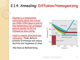 2.1.4. Annealing: Diffusion/Homogenizing
• Heating to a temperature
sufficiently above the critical
one (1000-1200oC)and is held at
this temperature for prolonged
periods usually 10-20 hrs
followed by slow cooling.
• Used to remove structural non-
uniformity. These defects
promote brittleness and reduce
ductility and toughness of steel.
• Also know as Malleabilising.
3/4/2017 17
Heat Treatment
 