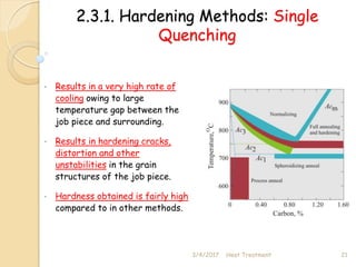 2.3.1. Hardening Methods: Single
Quenching
• Results in a very high rate of
cooling owing to large
temperature gap between the
job piece and surrounding.
• Results in hardening cracks,
distortion and other
unstabilities in the grain
structures of the job piece.
• Hardness obtained is fairly high
compared to in other methods.
3/4/2017 21
Heat Treatment
 