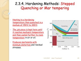 2.3.4. Hardening Methods: Stepped
Quenching or Mar tempering
• Heating to a hardening
temperature then quenched in a
medium of 150oC to 300oC.
• The job piece is kept here until
it reaches medium’s temperature
and than cooled further to room
temperature in air or oil.
• Produces martensite with
minimum distortion and residual
stresses.
3/4/2017 24
Heat Treatment
 
