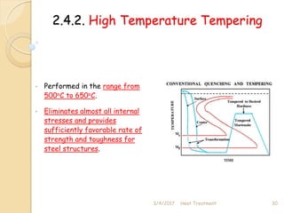 2.4.2. High Temperature Tempering
• Performed in the range from
500oC to 650oC.
• Eliminates almost all internal
stresses and provides
sufficiently favorable rate of
strength and toughness for
steel structures.
3/4/2017 30
Heat Treatment
 