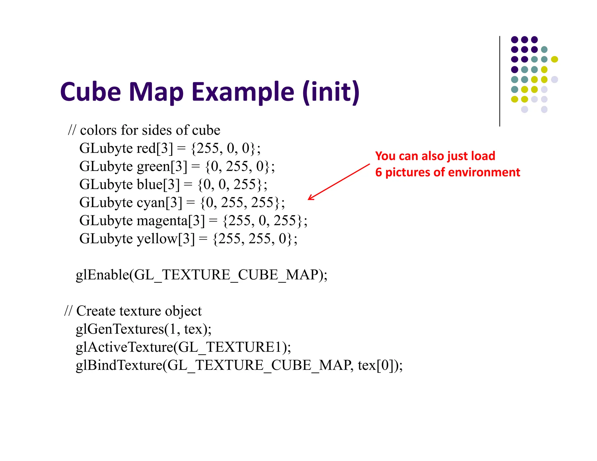 Cube Map Example (init)
// colors for sides of cube
GLubyte red[3] = {255, 0, 0};
GLubyte green[3] = {0, 255, 0};
GLubyte blue[3] = {0, 0, 255};
GLubyte cyan[3] = {0, 255, 255};
GLubyte magenta[3] = {255, 0, 255};
GLubyte yellow[3] = {255, 255, 0};
glEnable(GL_TEXTURE_CUBE_MAP);
// Create texture object
glGenTextures(1, tex);
glActiveTexture(GL_TEXTURE1);
glBindTexture(GL_TEXTURE_CUBE_MAP, tex[0]);
You can also just load
6 pictures of environment
 