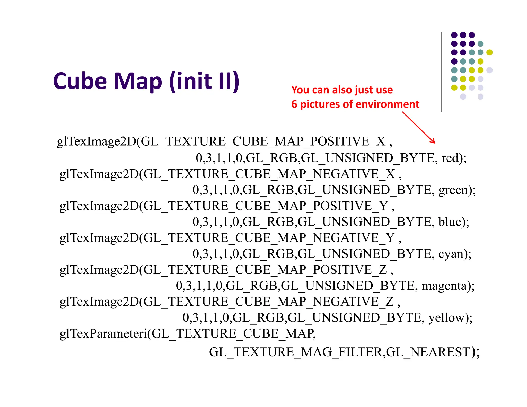 Cube Map (init II)
glTexImage2D(GL_TEXTURE_CUBE_MAP_POSITIVE_X ,
0,3,1,1,0,GL_RGB,GL_UNSIGNED_BYTE, red);
glTexImage2D(GL_TEXTURE_CUBE_MAP_NEGATIVE_X ,
0,3,1,1,0,GL_RGB,GL_UNSIGNED_BYTE, green);
glTexImage2D(GL_TEXTURE_CUBE_MAP_POSITIVE_Y ,
0,3,1,1,0,GL_RGB,GL_UNSIGNED_BYTE, blue);
glTexImage2D(GL_TEXTURE_CUBE_MAP_NEGATIVE_Y ,
0,3,1,1,0,GL_RGB,GL_UNSIGNED_BYTE, cyan);
glTexImage2D(GL_TEXTURE_CUBE_MAP_POSITIVE_Z ,
0,3,1,1,0,GL_RGB,GL_UNSIGNED_BYTE, magenta);
glTexImage2D(GL_TEXTURE_CUBE_MAP_NEGATIVE_Z ,
0,3,1,1,0,GL_RGB,GL_UNSIGNED_BYTE, yellow);
glTexParameteri(GL_TEXTURE_CUBE_MAP,
GL_TEXTURE_MAG_FILTER,GL_NEAREST);
You can also just use
6 pictures of environment
 