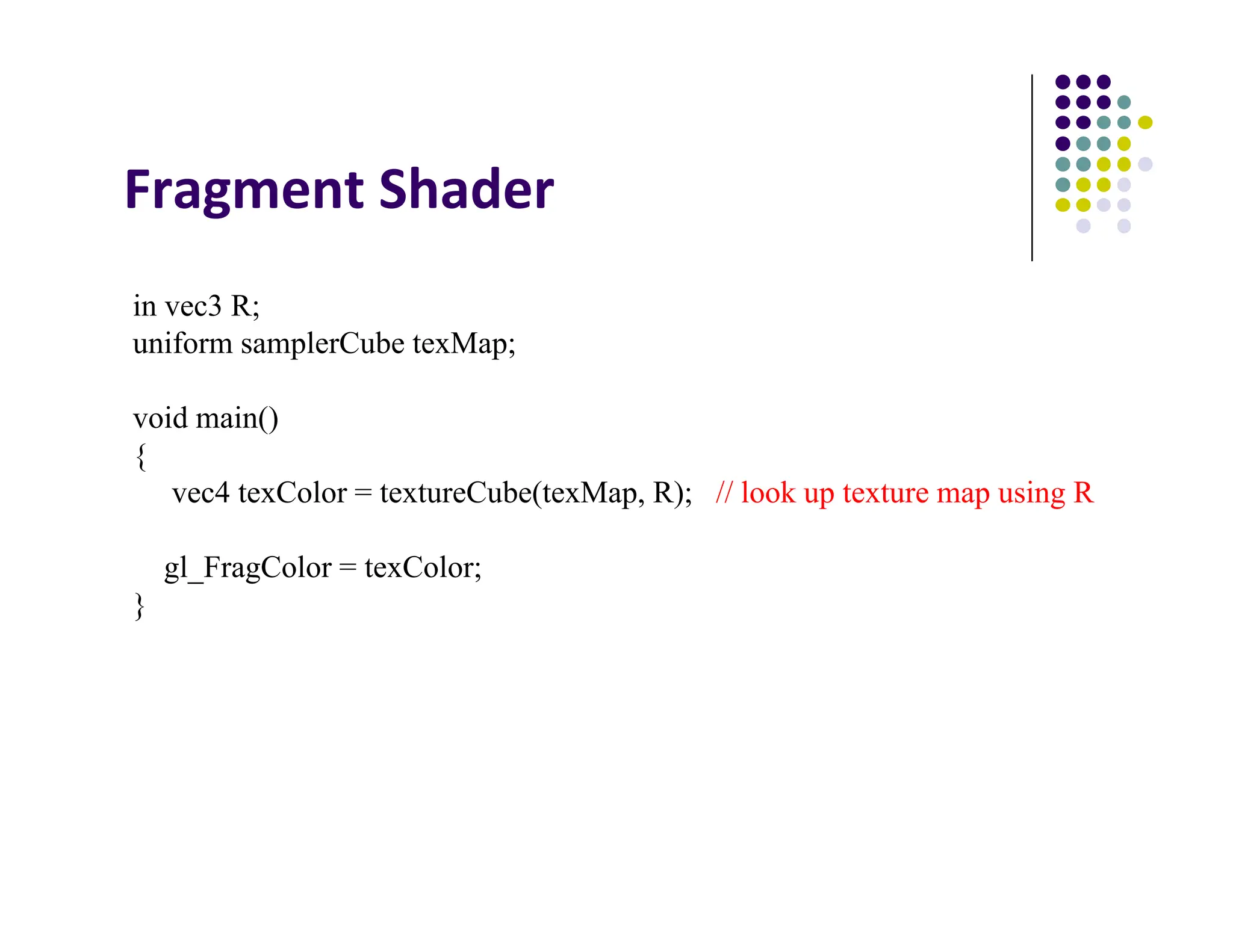 Fragment Shader
in vec3 R;
uniform samplerCube texMap;
void main()
{
vec4 texColor = textureCube(texMap, R); // look up texture map using R
gl_FragColor = texColor;
}
 
