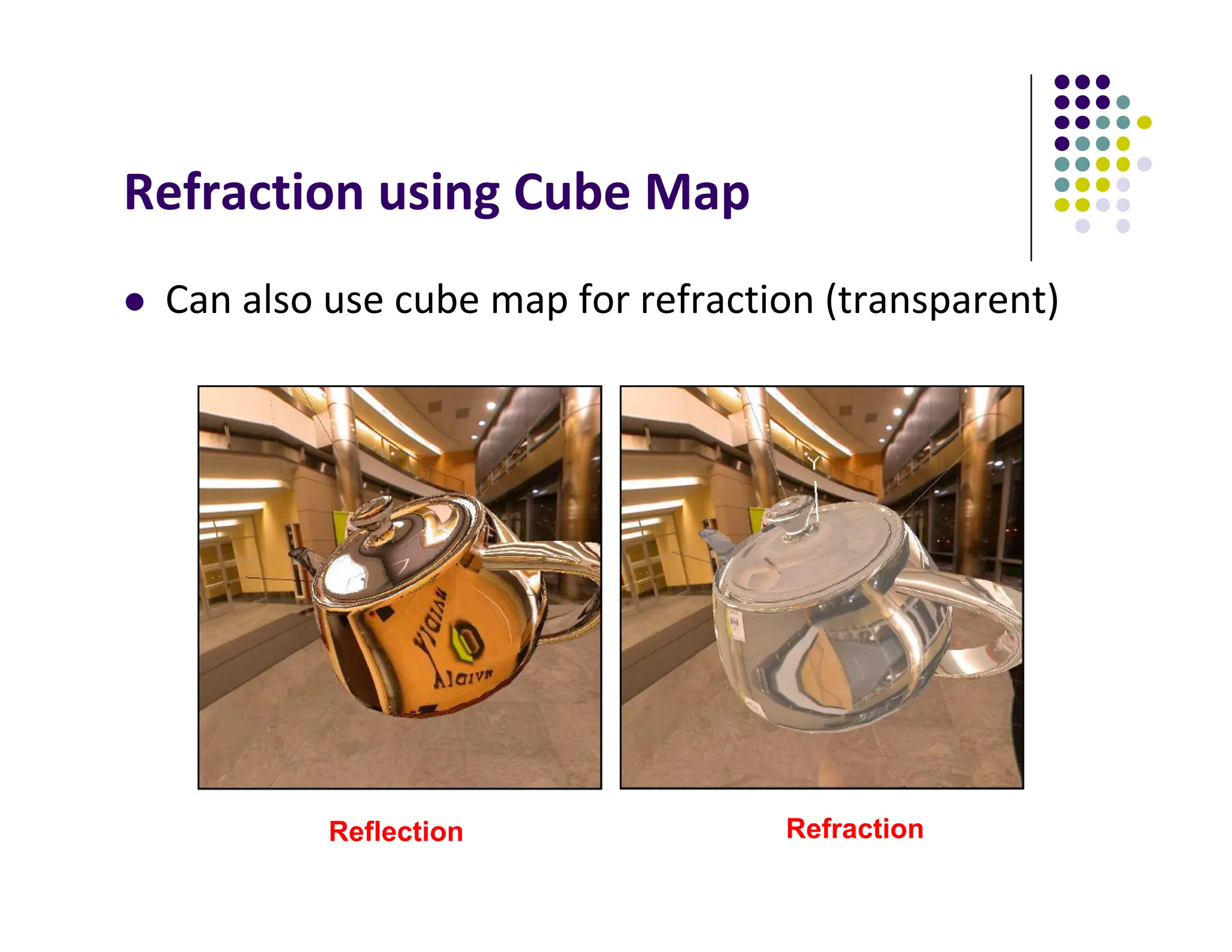 Refraction using Cube Map
 Can also use cube map for refraction (transparent)
Reflection Refraction
 
