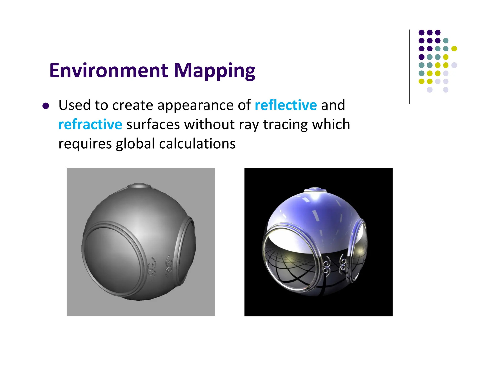 Environment Mapping
 Used to create appearance of reflective and
refractive surfaces without ray tracing which
requires global calculations
 
