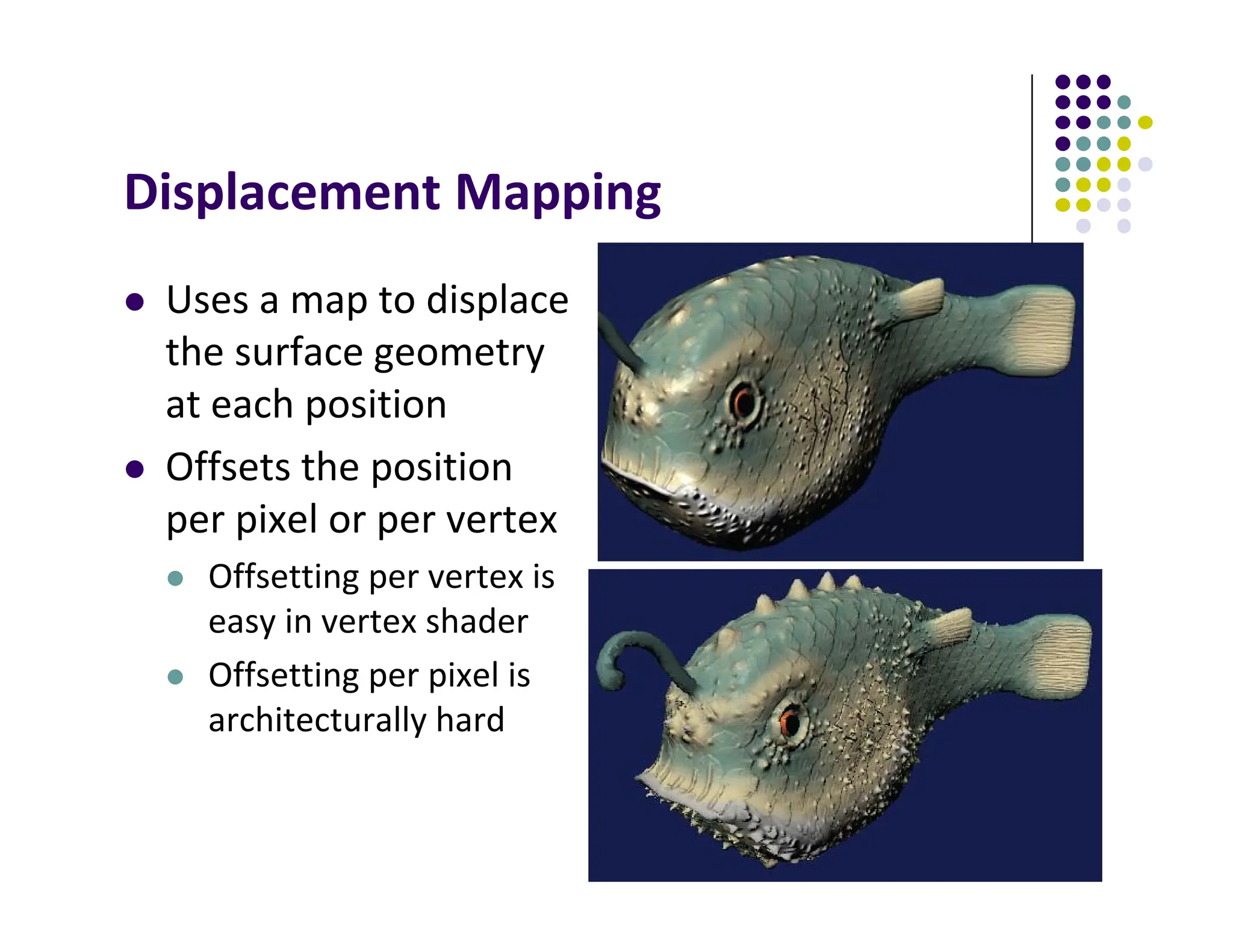 Displacement Mapping
 Uses a map to displace
the surface geometry
at each position
 Offsets the position
per pixel or per vertex
 Offsetting per vertex is
easy in vertex shader
 Offsetting per pixel is
architecturally hard
 