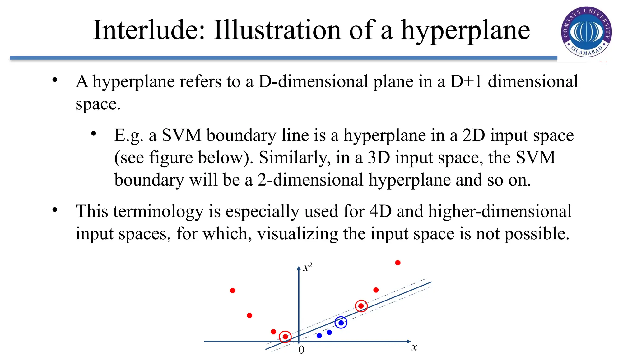 17
Interlude: Illustration of a hyperplane
• A hyperplane refers to a D-dimensional plane in a D+1 dimensional
space.
• E.g. a SVM boundary line is a hyperplane in a 2D input space
(see figure below). Similarly, in a 3D input space, the SVM
boundary will be a 2-dimensional hyperplane and so on.
• This terminology is especially used for 4D and higher-dimensional
input spaces, for which, visualizing the input space is not possible.
0 x
x2
 
