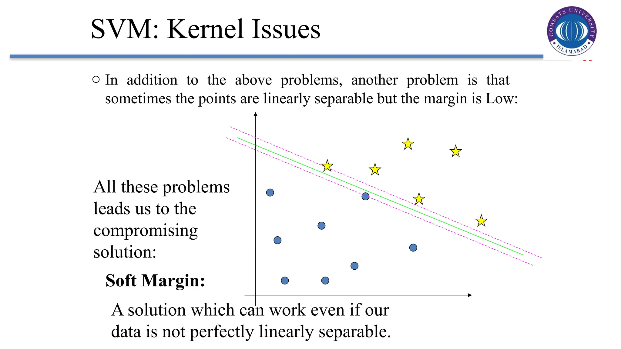33
SVM: Kernel Issues
o In addition to the above problems, another problem is that
sometimes the points are linearly separable but the margin is Low:
All these problems
leads us to the
compromising
solution:
Soft Margin:
A solution which can work even if our
data is not perfectly linearly separable.
 