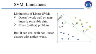 15
SVM: Limitations
Limitations of Linear SVM:
 Doesn’t work well on non-
linearly separable data.
 Noise (outlier) problem.
But, it can deal with non-linear
classes with a nice tweak.
i
x
M
a
r
g
i
n
d
d
d
 