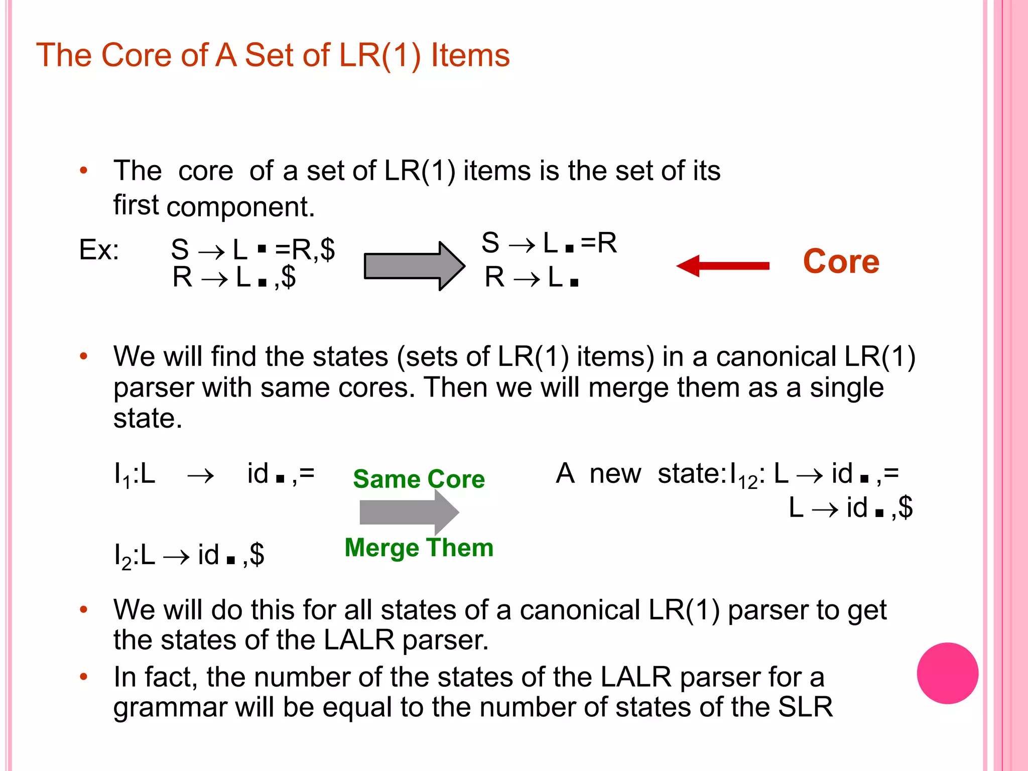 The Core of A Set of LR(1) Items • The core of a set of LR(1) items is the set of its first component. Ex: S  L =R,$. S  L.=R R  L.,$ R  L. • We will find the states (sets of LR(1) items) in a canonical LR(1) parser with same cores. Then we will merge them as a single state. L  id.,$ I1:L  id.,= A new state:I12: L  id.,= I2:L  id.,$ • We will do this for all states of a canonical LR(1) parser to get the states of the LALR parser. • In fact, the number of the states of the LALR parser for a grammar will be equal to the number of states of the SLR Core Same Core Merge Them 