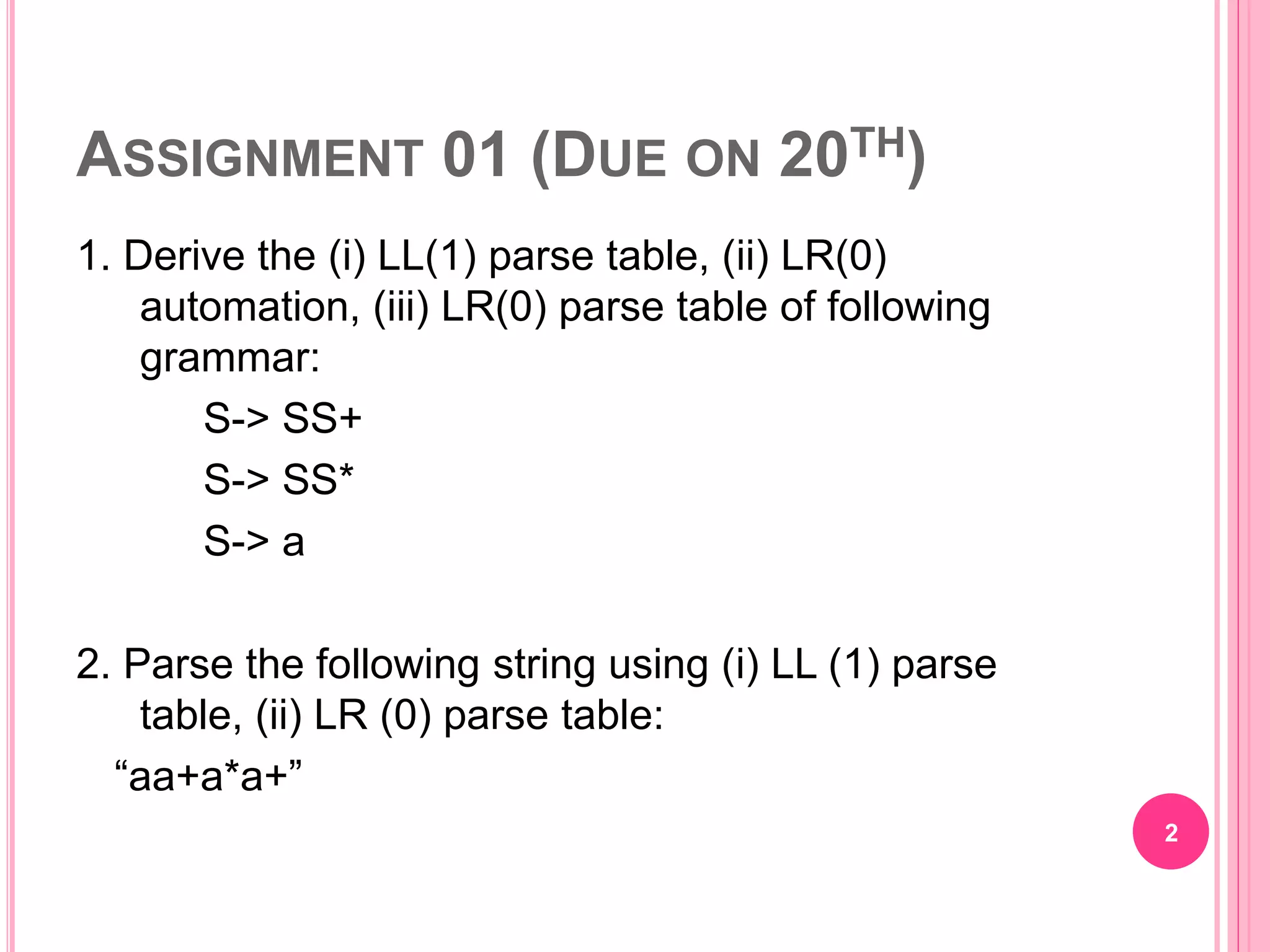 ASSIGNMENT 01 (DUE ON 20TH) 1. Derive the (i) LL(1) parse table, (ii) LR(0) automation, (iii) LR(0) parse table of following grammar: S-> SS+ S-> SS* S-> a 2. Parse the following string using (i) LL (1) parse table, (ii) LR (0) parse table: “aa+a*a+” 2 