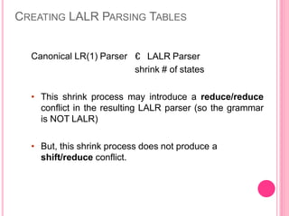 CREATING LALR PARSING TABLES
Canonical LR(1) Parser € LALR Parser
shrink # of states
• This shrink process may introduce a reduce/reduce
conflict in the resulting LALR parser (so the grammar
is NOT LALR)
• But, this shrink process does not produce a
shift/reduce conflict.
 
