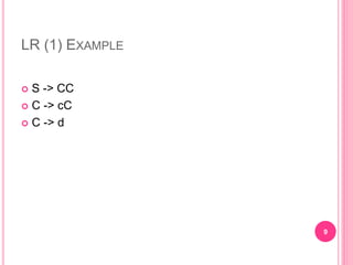 LR (1) EXAMPLE
 S -> CC
 C -> cC
 C -> d
9
 