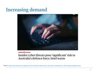 Increasing demand
15
Source: Insider cyber threats pose ‘significant’ risk to Australia’s defence force, brief warns | Australia news | The Guardian (ampproject.org)
 