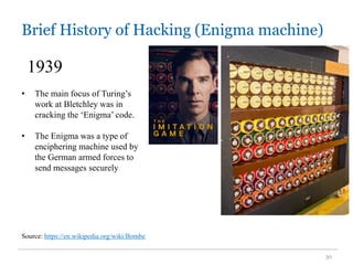 Brief History of Hacking (Enigma machine)
30
1939
Source: https://en.wikipedia.org/wiki/Bombe
• The main focus of Turing’s
work at Bletchley was in
cracking the ‘Enigma’ code.
• The Enigma was a type of
enciphering machine used by
the German armed forces to
send messages securely
 